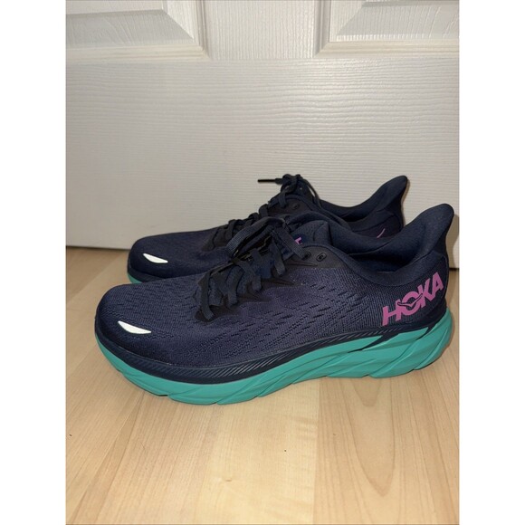 Hoka One One Clifton 8 Womens Size 8.5 B Running Shoes Navy Blue Green - Picture 1 of 7